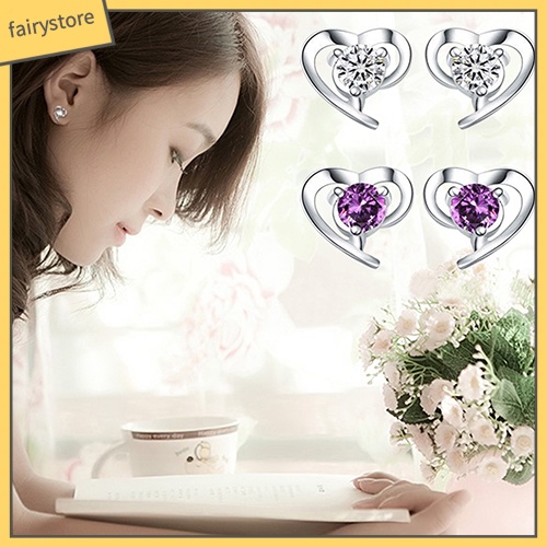 Bông Tai Mạ Bạc 925 Hình Trái Tim Đính Đá Thời Trang Dành Cho Nữ