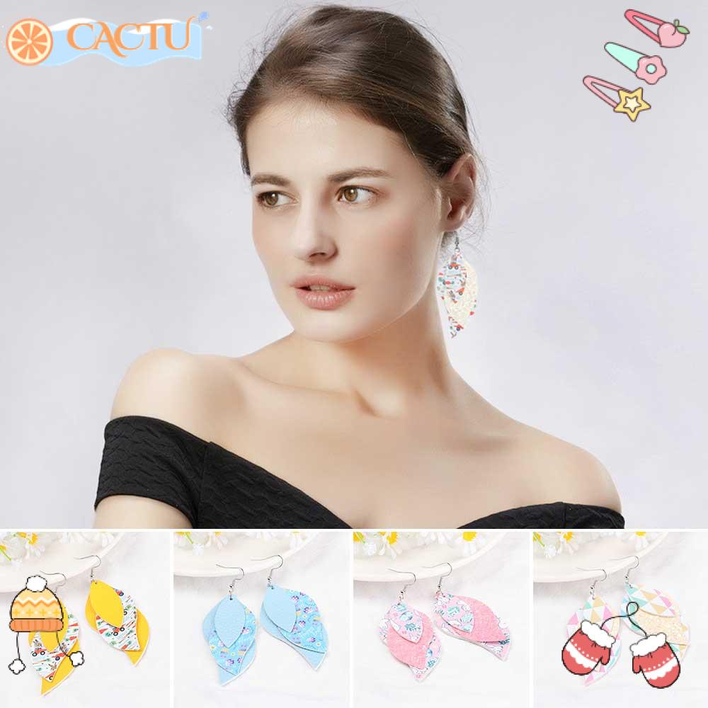 Bông Tai Dáng Dài Ba Lớp In Họa Tiết Hoa Lá Đính Kim Sa Lấp Lánh