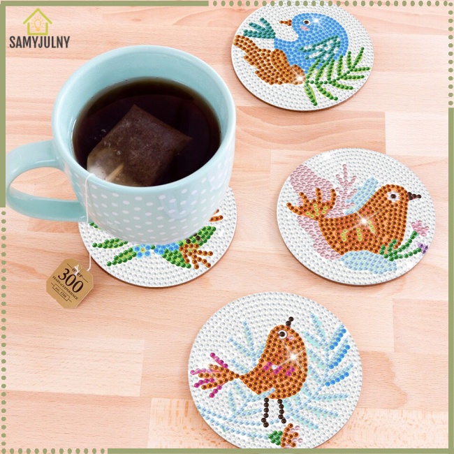 Set 8 Tấm Lót Ly Cách Nhiệt Thêu Tranh Đính Đá Diy Hình Chú Chim Cho Người Mới Bắt Đầu