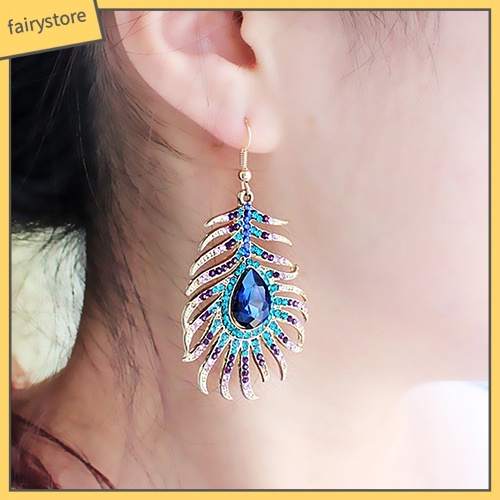 1 Cặp Bông Tai Hình Lông Công Đính Đá Phong Cách Retro Dành Cho Nữ