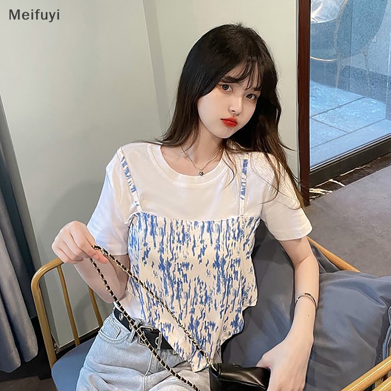 Áo Thun Ngắn Tay Cổ Tròn Giả Hai Lớp Nhuộm Màu Thời Trang Mùa Hè Cho Nữ