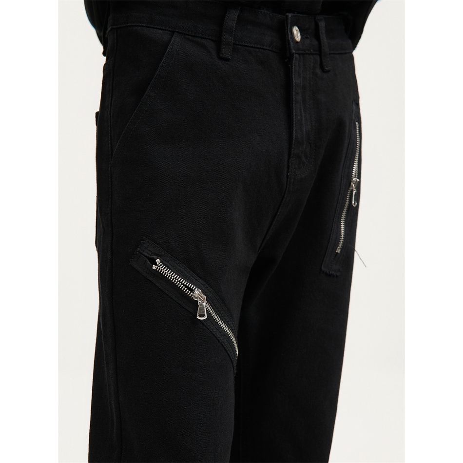 Voguo Rơ Le Niche Quần Jean Ống Loe Micro Màu Đen Phối Khóa Kéo Phong Cách Đường Phố Tối Cao Bán Chạy