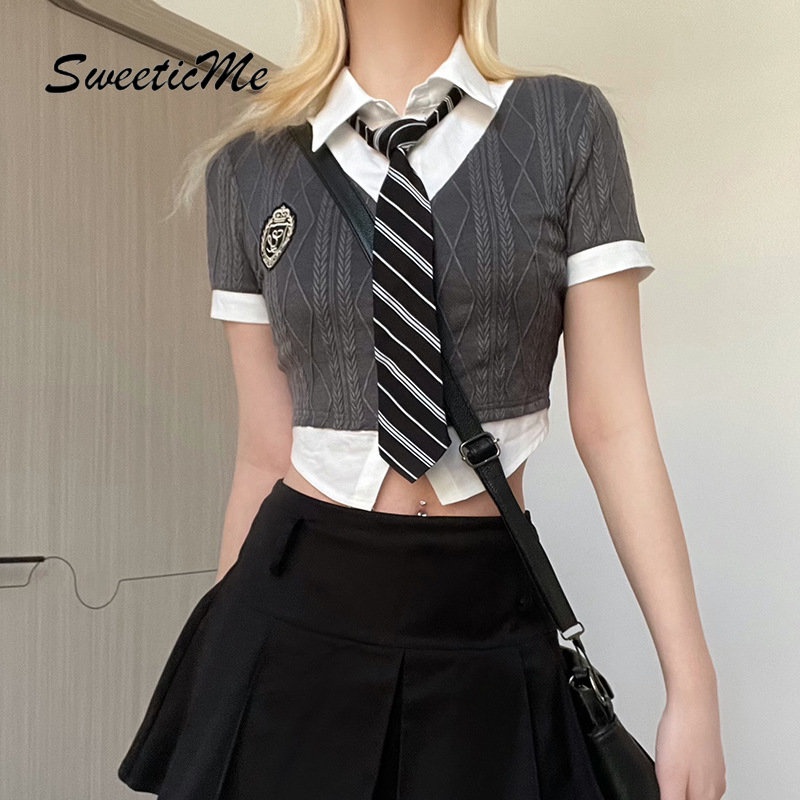 Áo Thun Tay Ngắn Giả Hai Lớp Cổ Bẻ Thắt Cà Vạt Thời Trang 2023 Dành Cho Bạn Nữ