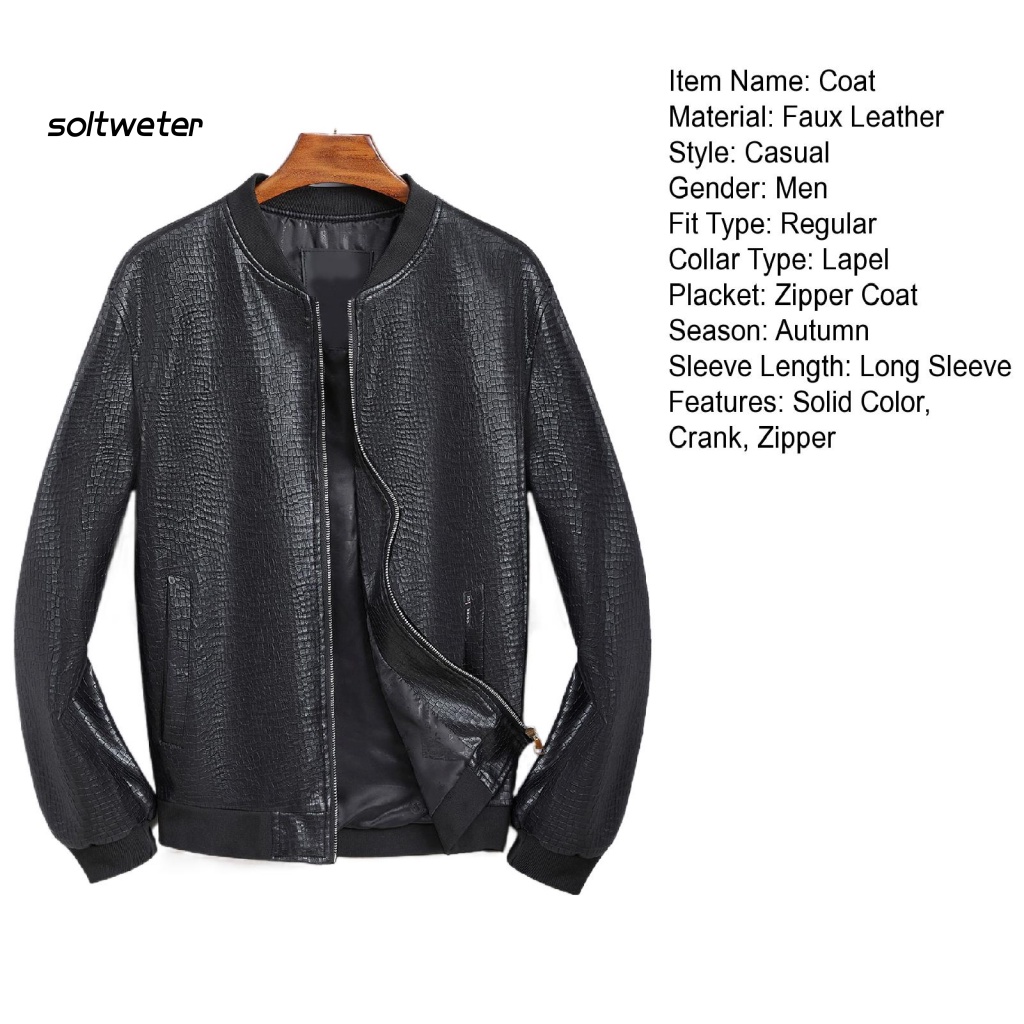 Áo Khoác Giả Da Tay Dài Cổ Đứng Màu Trơn Có Khóa Kéo Phong Cách Đường Phố Cho Nam