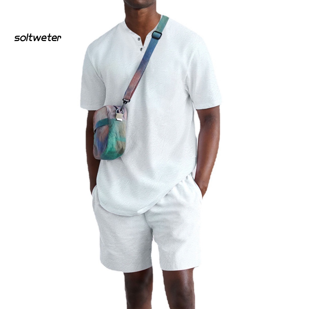 Bộ Trang Phục 2 Mảnh Gồm Áo Tay Ngắn Cổ Chữ V Màu Sắc Đơn Giản Và Quần Short Lưng Thun Thời Trang Mùa Hè Cho Nam