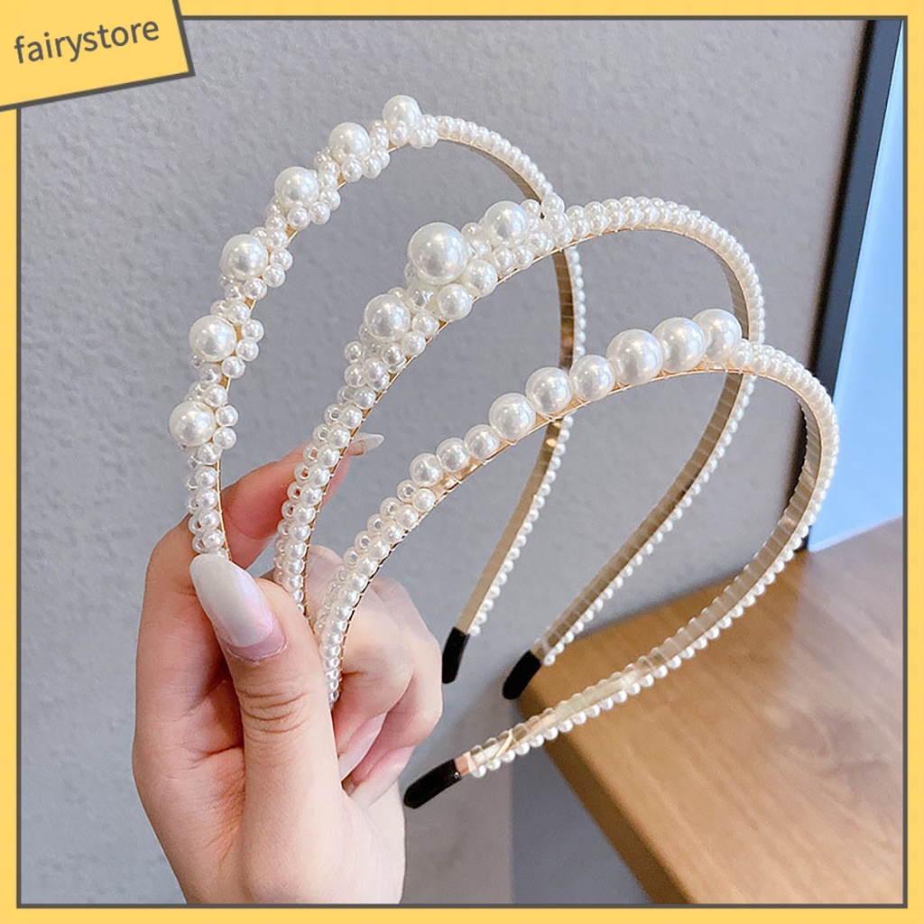 Băng Đô Cài Tóc Đính Ngọc Trai Nhân Tạo Màu Trơn Co Giãn Chống Trượt Trọng Lượng Nhẹ