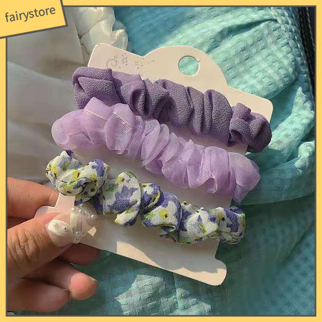 Set 3 Dây Buộc Tóc Cao Su Bọc Vải Chiffon Co Giãn In Họa Tiết Hoa Tươi Mới