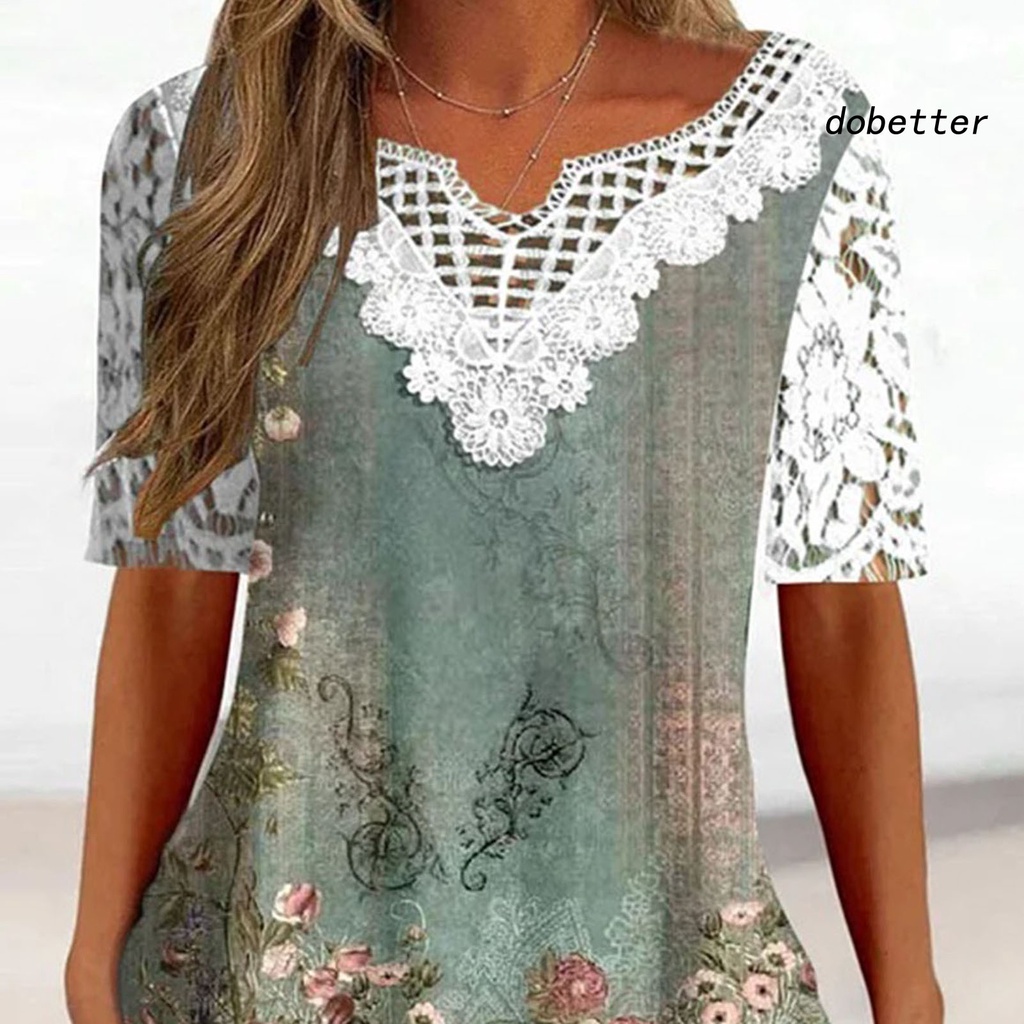 Áo Thun Tay Ngắn Cổ Chữ V Phối Ren Hoa Mỏng Dáng Rộng Co Giãn Thời Trang Đường Phố Cho Nữ