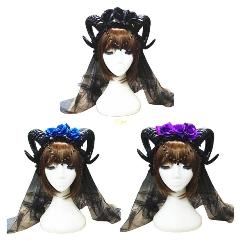 Băng Đô Cài Tóc Hình Sừng Cừu / Hoa Hồng / Vương Miện Phối Lưới Phong Cách Gothic Cho Lễ Halloween