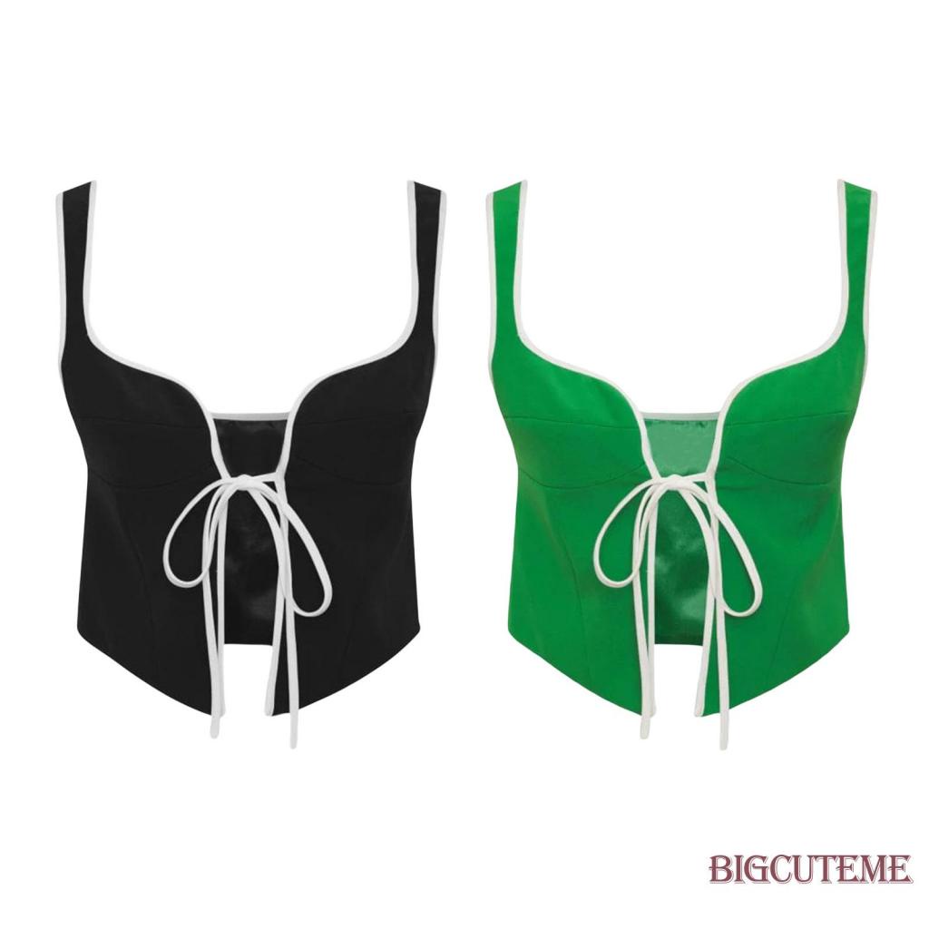 [] - Áo Crop Top Không Tay Cột Dây Phía Trước Ôm Dáng Màu Sắc Tương Phản Thời Trang Mùa Hè