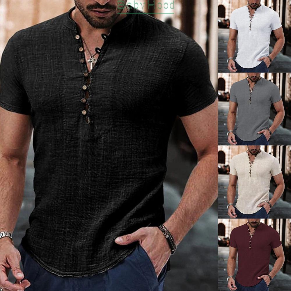 Mens Henley V Neck Casual Short Sleeve Shirt Button Down Blouse T Shirt Loose Fit Top#BBHOOD