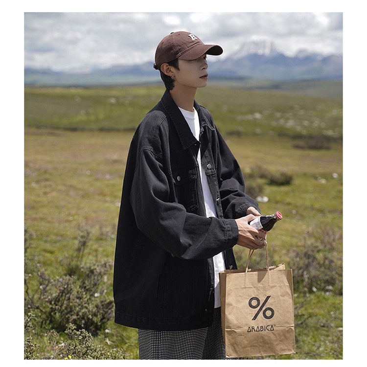 Áo Khoác Denim Phối Túi Kiểu Retro Đường Phố Nhật Bản Thời Trang Xuân Thu Cho Nam