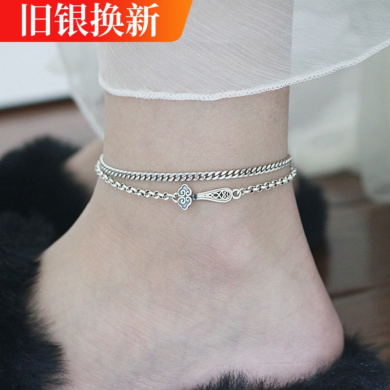 Lắc Chân Hai Lớp Bằng Bạc Sterling May Mắn Phong Cách Dân Tộc Retro Cho Nữ