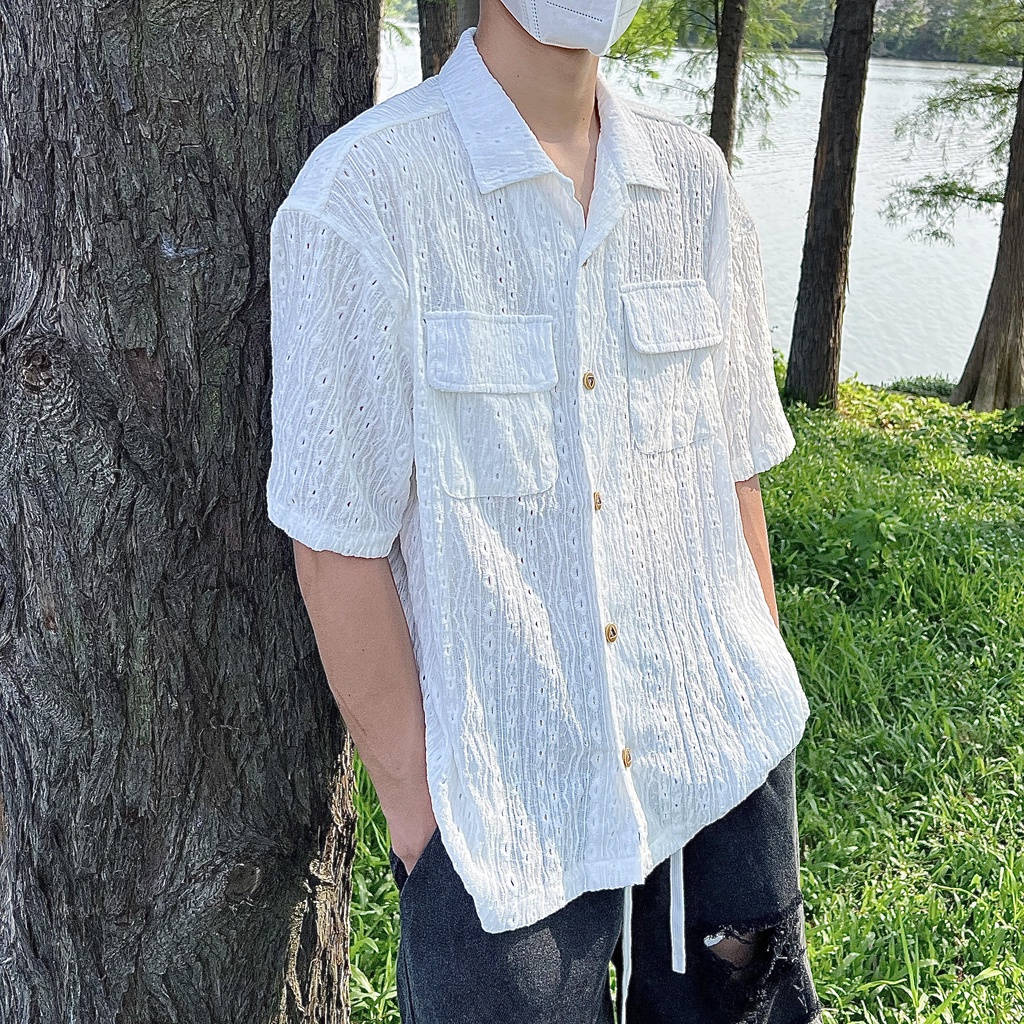 Áo Sơ Mi Ngắn Tay Màu Sắc Đơn Giản Phong Cách Harajuku Nhật Bản Cho Nam