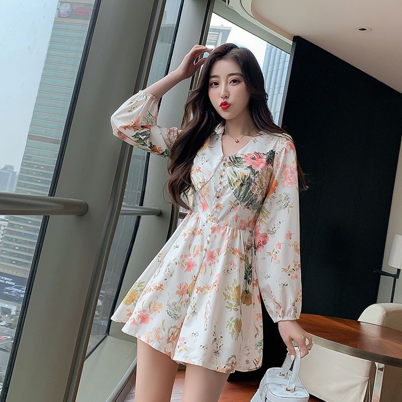 Đầm Ngắn Cổ Chữ v In Họa Tiết Hoa Phong Cách Pháp Mới 2023