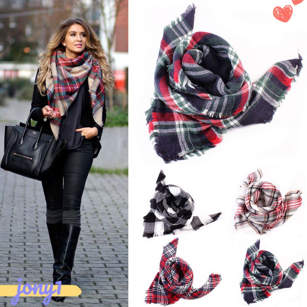Khăn Choàng Cổ Dài Qua Gối Vải Cashmere Họa Tiết Caro Kiểu Retro Thời Trang Mùa Đông Cho Bạn Gái