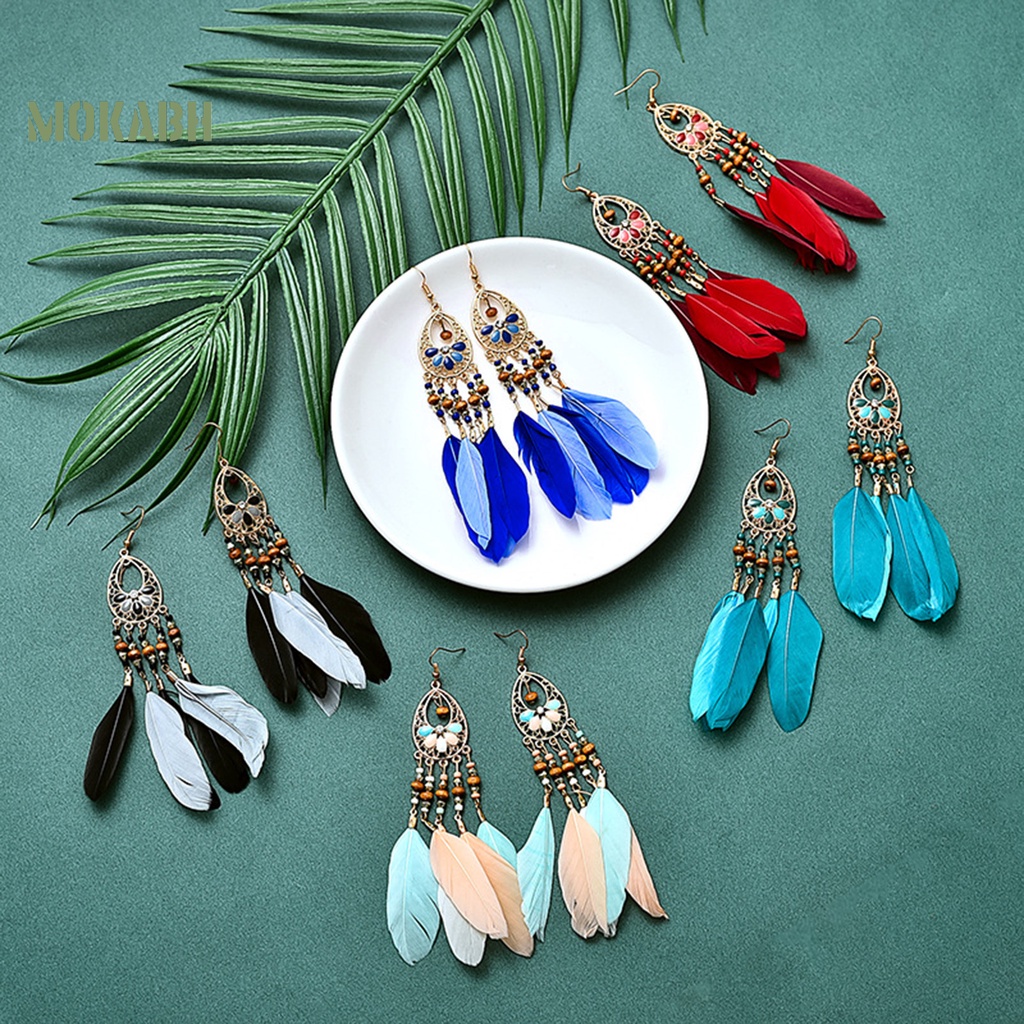 1 Đôi Bông Tai Hình Lông Vũ Dáng Dài Phong Cách Bohemian