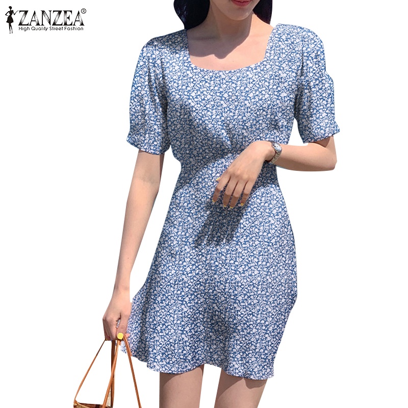 ZANZEA Đầm Tay Ngắn Phồng Cổ Vuông In Họa Tiết Hoa Phong Cách Hàn Quốc Thời Trang Cho Nữ