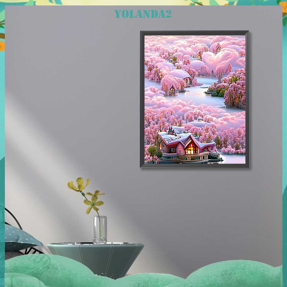 Tranh Đính Đá Kim Cương Toàn Bộ 5D DIY Hình Vẽ Biệt Thự Núi Và Hoa