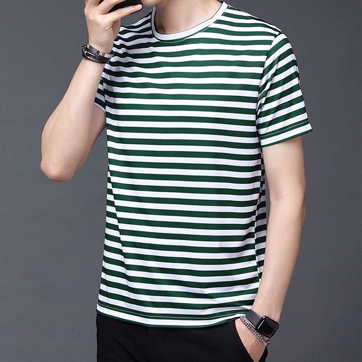 Áo Thun Tay Ngắn Cổ Tròn Kẻ Sọc Ngang Dáng Rộng Thời Trang Cho Nam