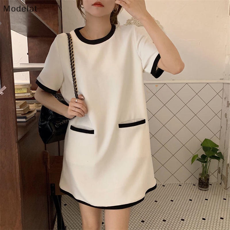 Mfc Đầm Tay Ngắn Dáng Rộng Phối Túi Màu Sắc Tương Phản Đơn Giản Cho Nữ