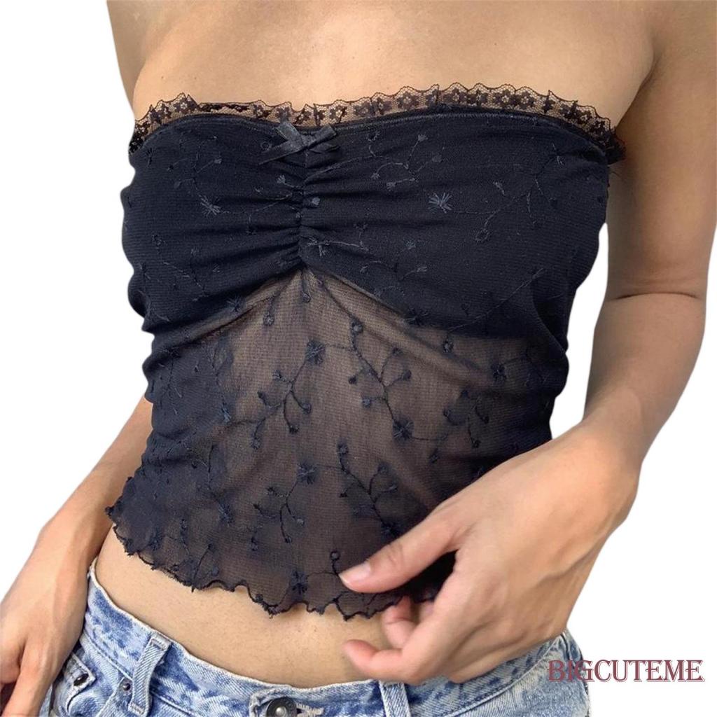 [] [] Áo Ống Mini Không Tay Hở Lưng Màu Đen Thêu Họa Tiết Mùa Hè Cho Nữ