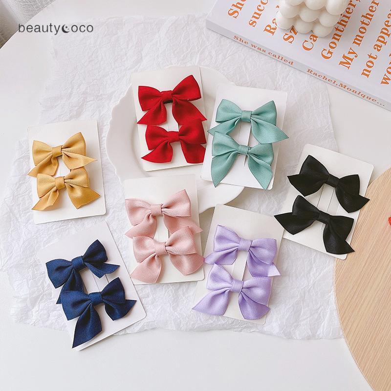 Beautycoco🍊Set 2 Kẹp Tóc Nơ Màu Trơn Dễ Thương Cho Bé Gái