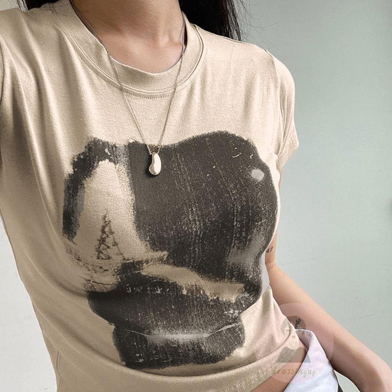 Áo Thun Nữ Ngắn Tay Cổ Tròn In Hình Trừu Tượng