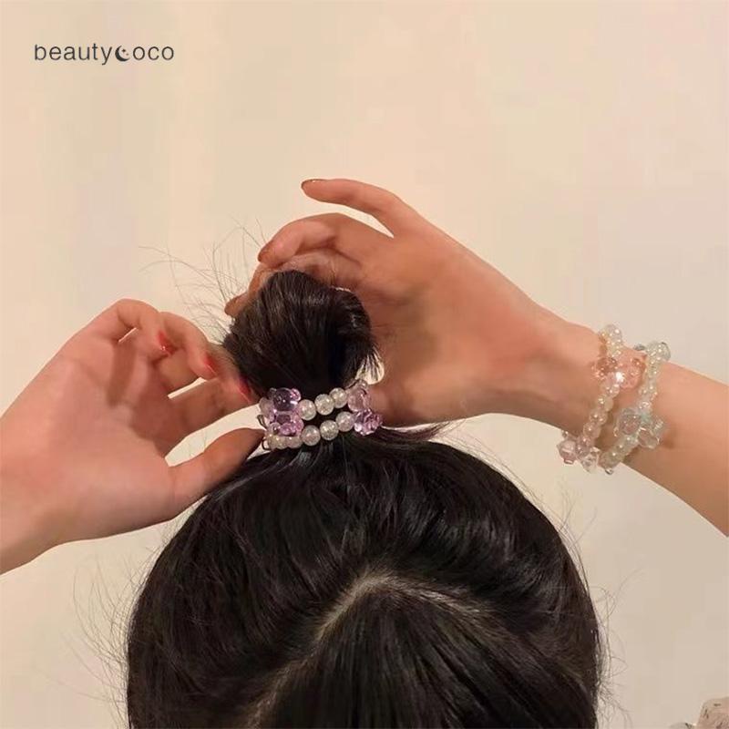 Beautycoco🍊Dây buộc tóc hình gấu đính hạt pha lê trong suốt màu kẹo dễ thương cho nữ