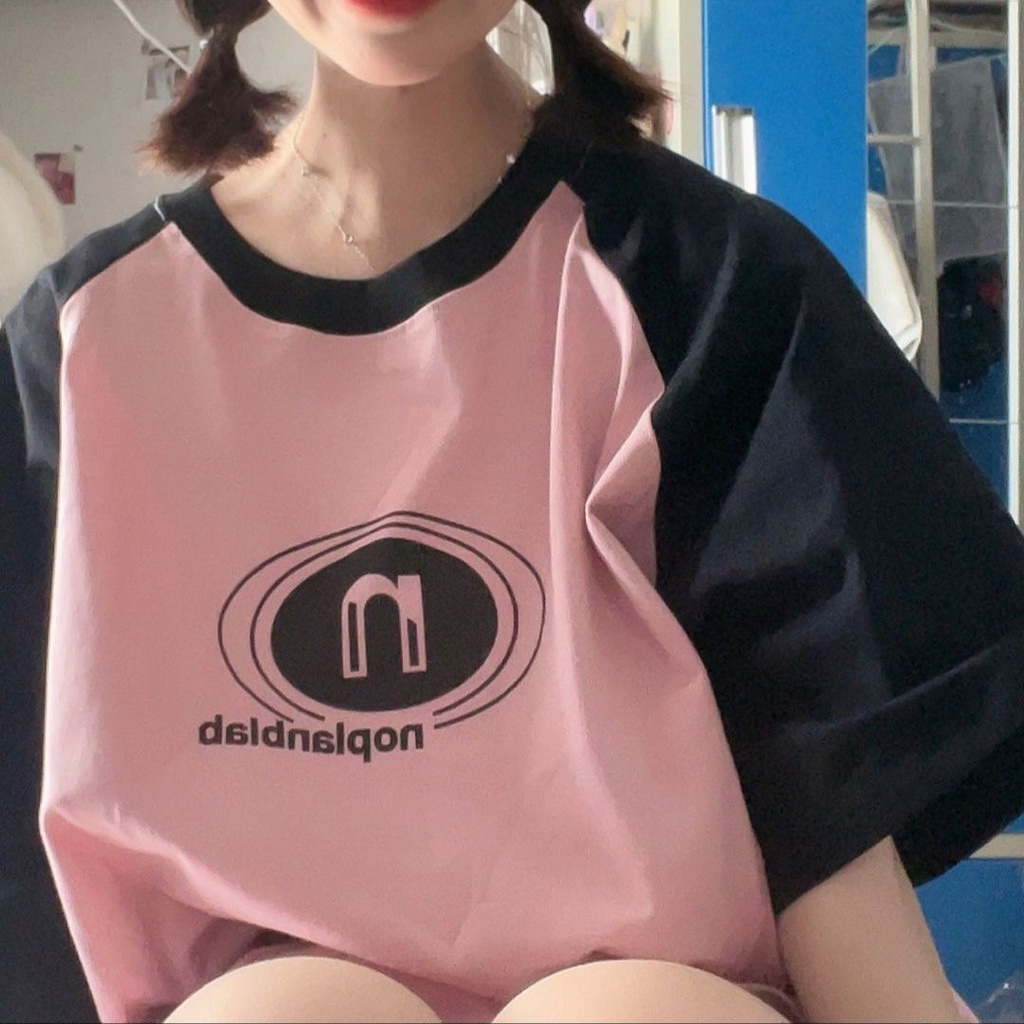 Áo Thun Ngắn Tay Phối Màu Tương Phản Phong Cách Retro Cho Nữ