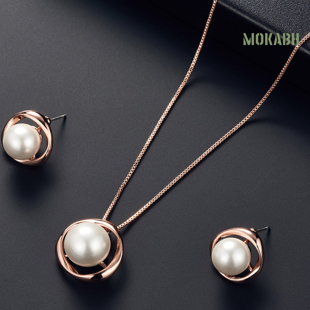 Bộ Vòng cổ + Bông Tai Đính Ngọc Trai Nhân Tạo Hình Tròn Cho Nữ