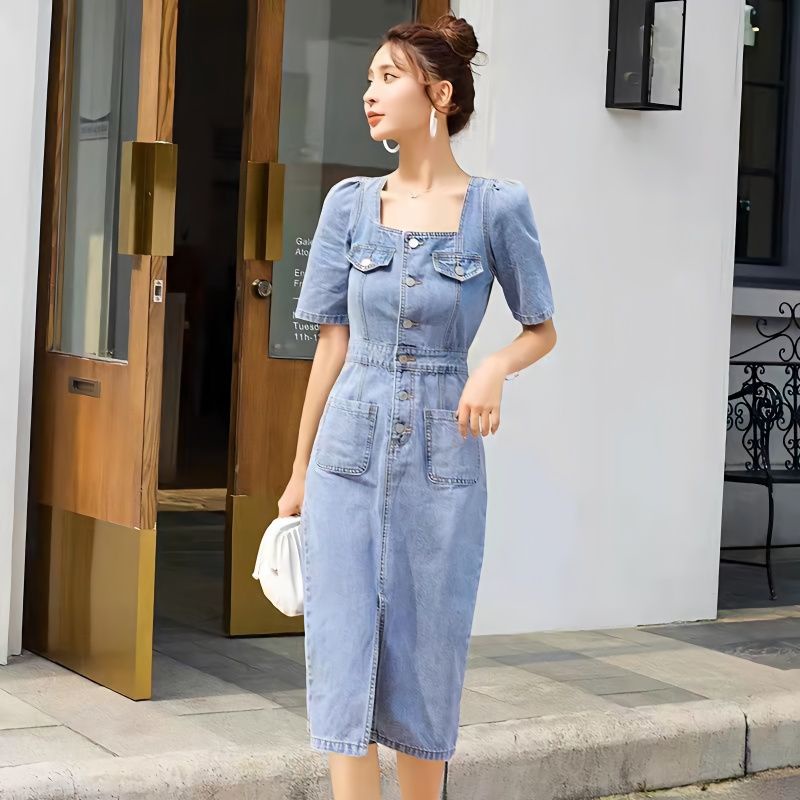 Đầm Denim Hai Dây Cổ Vuông Dáng Ôm Thời Trang Mùa Hè Dành Cho Nữ