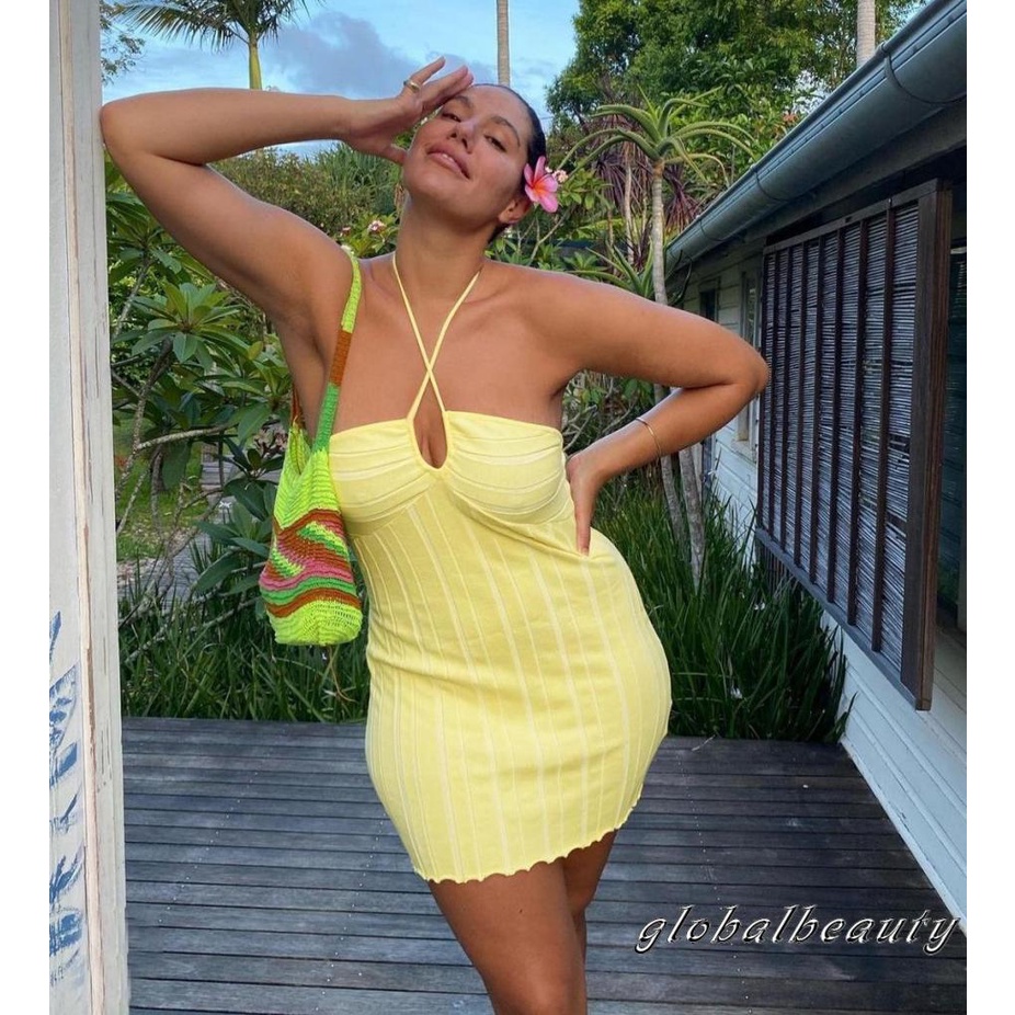 Đầm Ngắn Không Tay Hở Lưng Mini Ôm Dáng Màu Trơn Có Gân Gợi Cảm Cho Nữ