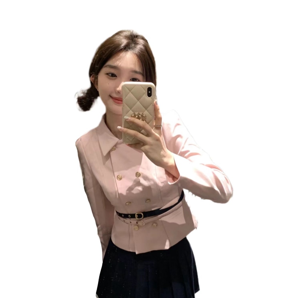Bộ Áo Khoác Hai Hàng Nút Cài Eo Cao + Chân Váy Ngắn Màu Hồng Phong Cách Preppy Ngọt Ngào Dành Cho Nữ