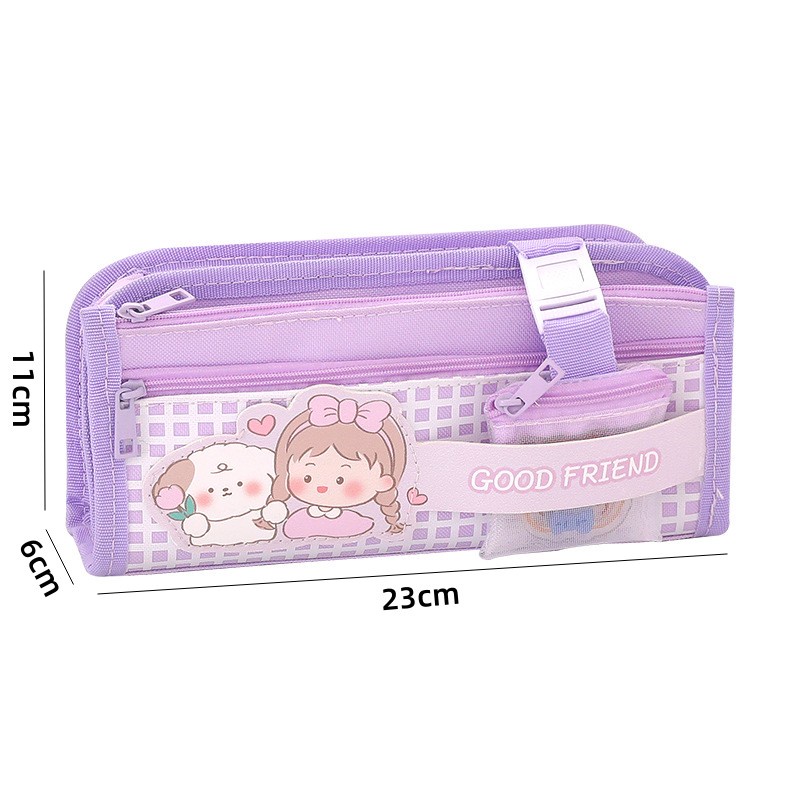 Túi Đựng Bút Bằng Nylon Hai Lớp Họa Tiết Hoạt Hình Dễ Thương Phong Cách Hàn Quốc