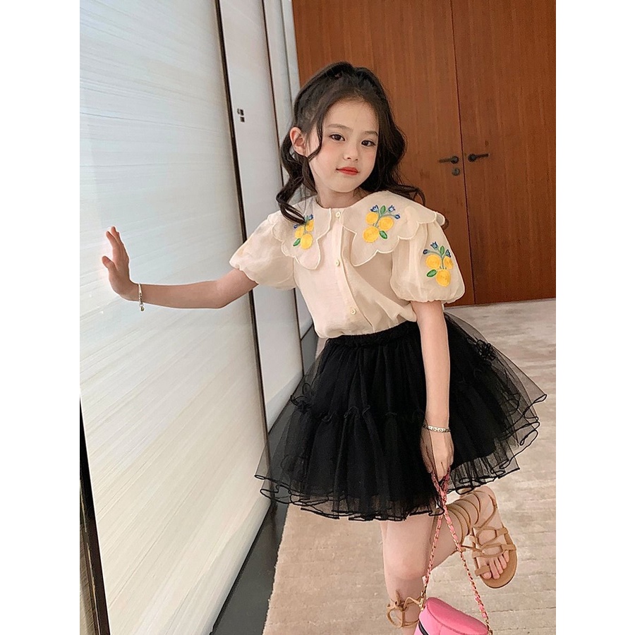 Bộ Áo Sơ Mi Cổ Búp Bê Thêu Họa Tiết + Chân Váy Lưới Ngắn Thời Trang Mùa Hè 2023 Mới Cho Bé Gái