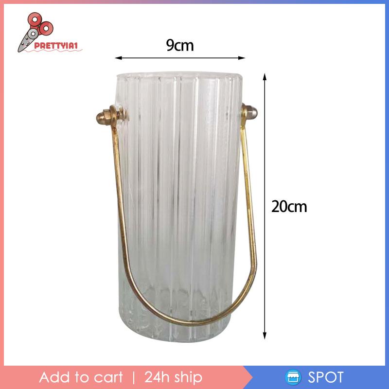 [Prettyia1] Bình Hoa Thủy Tinh Trong Suốt Hình Trụ Với Tay Cầm Kim Loại Kẻ Sọc Tròn