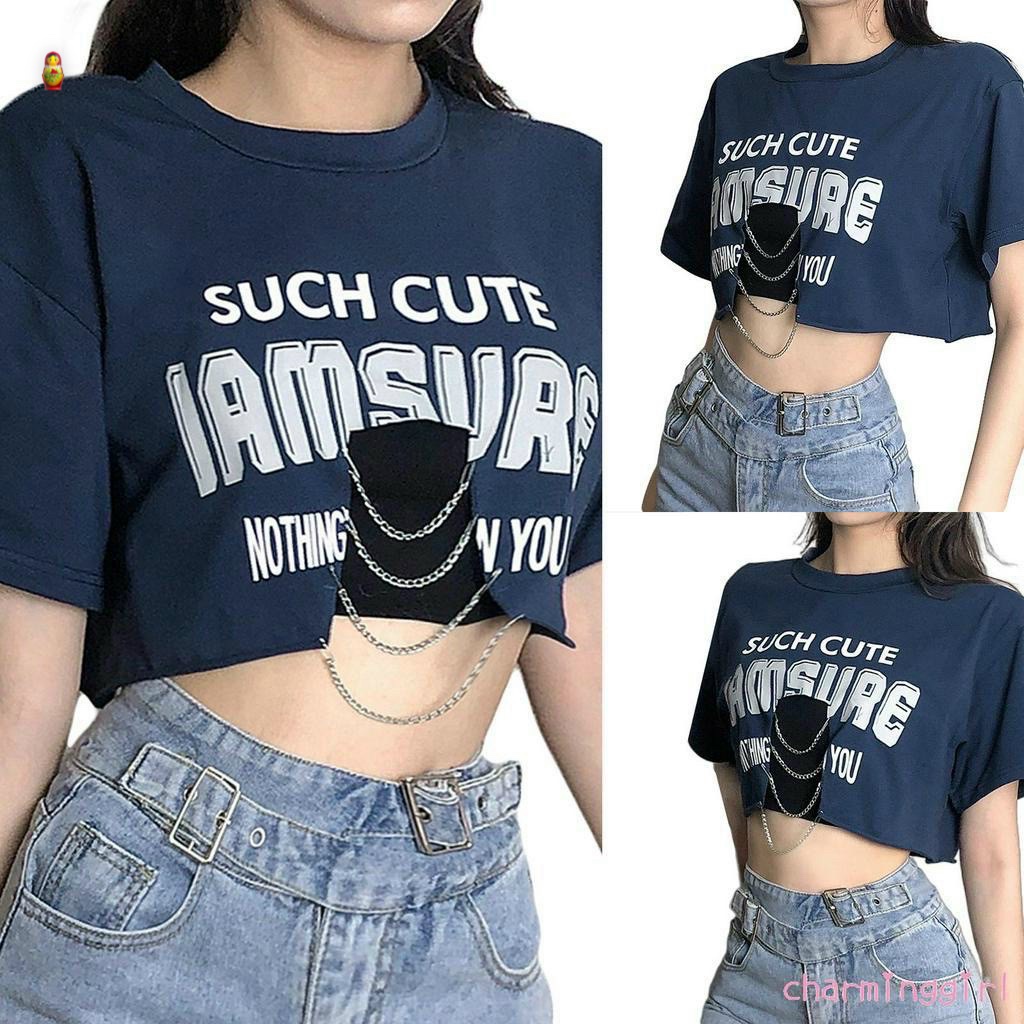 Áo kiểu croptop tay ngắn in chữ khoét trên rốn đính dây xích cực hot , chất thun coton dày dặn thoitrangteen00
