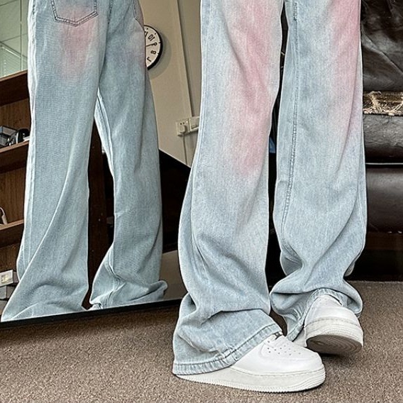 Quần Jean Dài Ống Rộng Màu Sắc Tương Phản Graffiti Mỹ Thời Trang Mùa Hè Cho Nữ