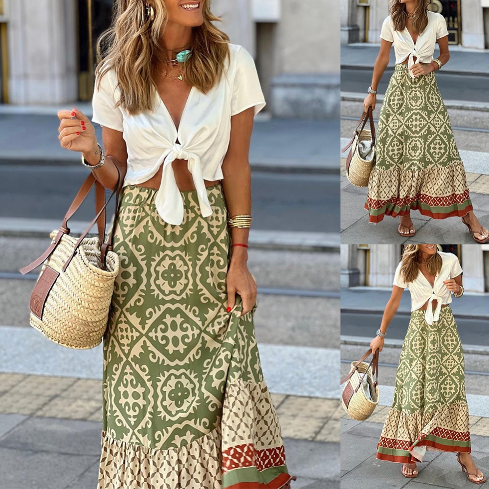 Chân Váy Chữ A Lưng Thun Viền Bèo In Họa Tiết Hình Học Sành Điệu Cho Nữ