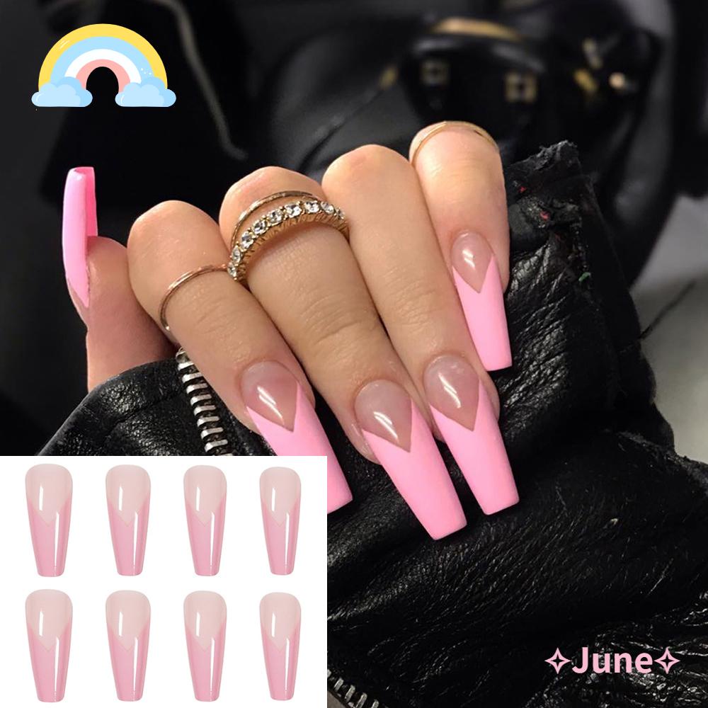 JUNE Bộ 24 Móng Tay Giả Che Phủ Toàn Diện Tháo Rời Được Kiểu Pháp