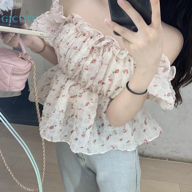 Áo Kiểu Trễ Vai Tay Ngắn Phối Bèo Họa Tiết Hoa Thời Trang Mùa Hè Cho Nữ