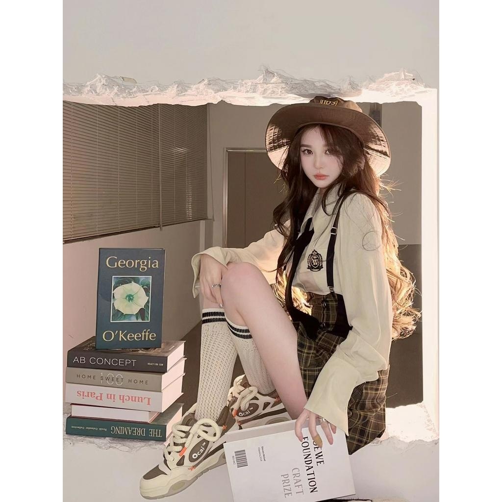 𝑨𝒏𝒏𝒂𝒔𝒉𝒐𝒑 Set Học Viện Khí Chất Pháp Áo Sơ Mi Thu Chít Eo Lộ Mix Chân Váy Kẻ Caro Dây Đeo Váy Ngắn Hai Bộ