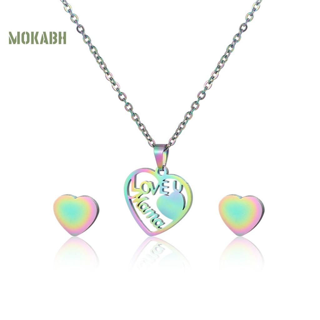 Bộ 2 Vòng cổ + Bông Tai Hình Trái Tim Màu Cầu Vồng Thời Trang Cho Nữ