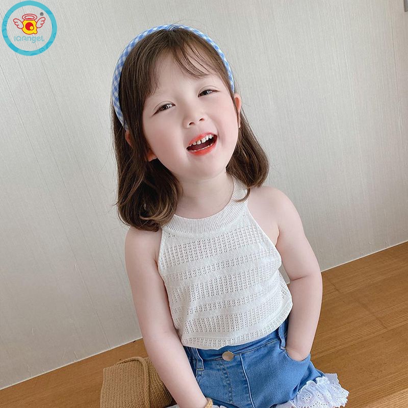 Đầm hai dây IQ ANGEL cổ tròn màu trơn phong cách phương Tây thời trang mùa hè cho bé gái