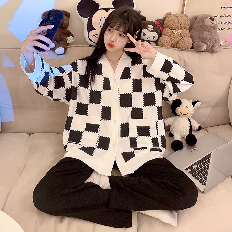Bộ Đồ Ngủ Dài Tay Mềm Mại Thoải Mái Họa Tiết Kẻ Sọc Màu Đen Thời Trang Xuân Hè Cho Nữ