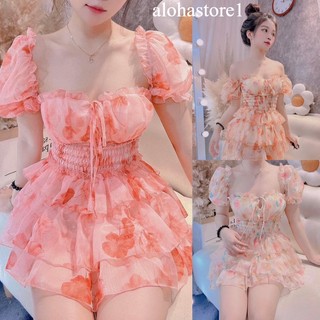 Đầm Hoa Thắt Dây Tay Phồng Cúp Bèo Ngực Nhún Eo Váy Tầng Có Lót Quần alohastore1