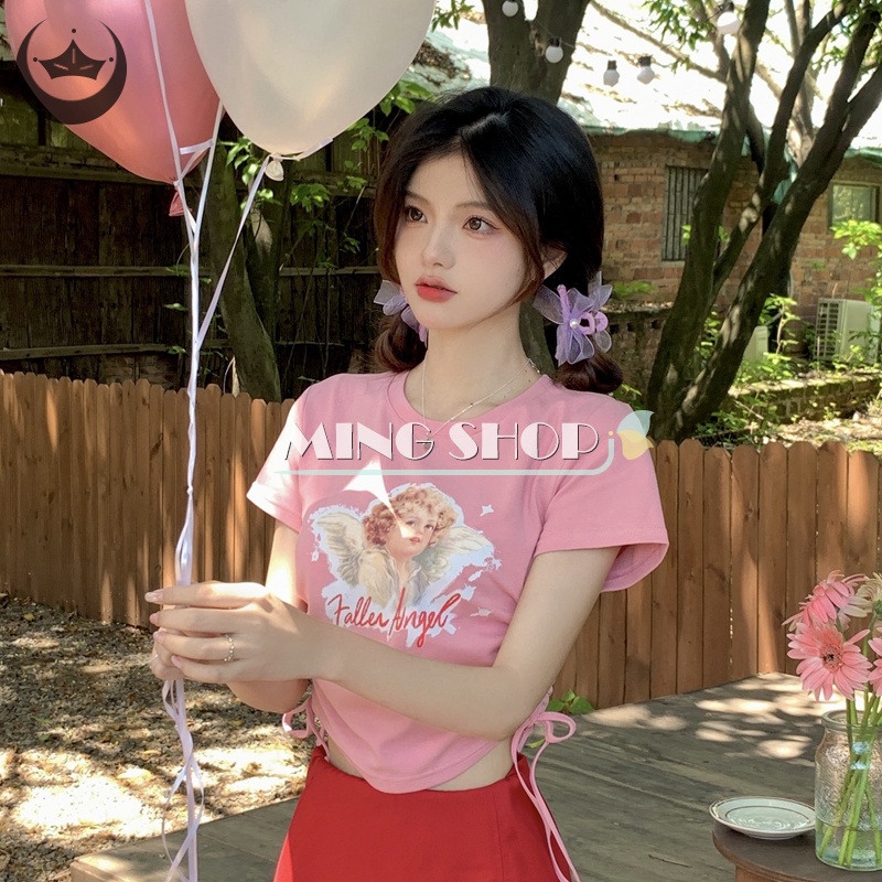 Áo Thun Crop Top Tay Ngắn Cổ Tròn In Họa Tiết Retro Thời Trang Mùa Hè Dành Cho Nữ