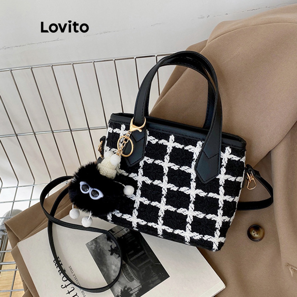 Lovito Túi vuông họa tiết cổ điển kẻ sọc đơn giản cho nữ LNA09108 (Trắng đen)