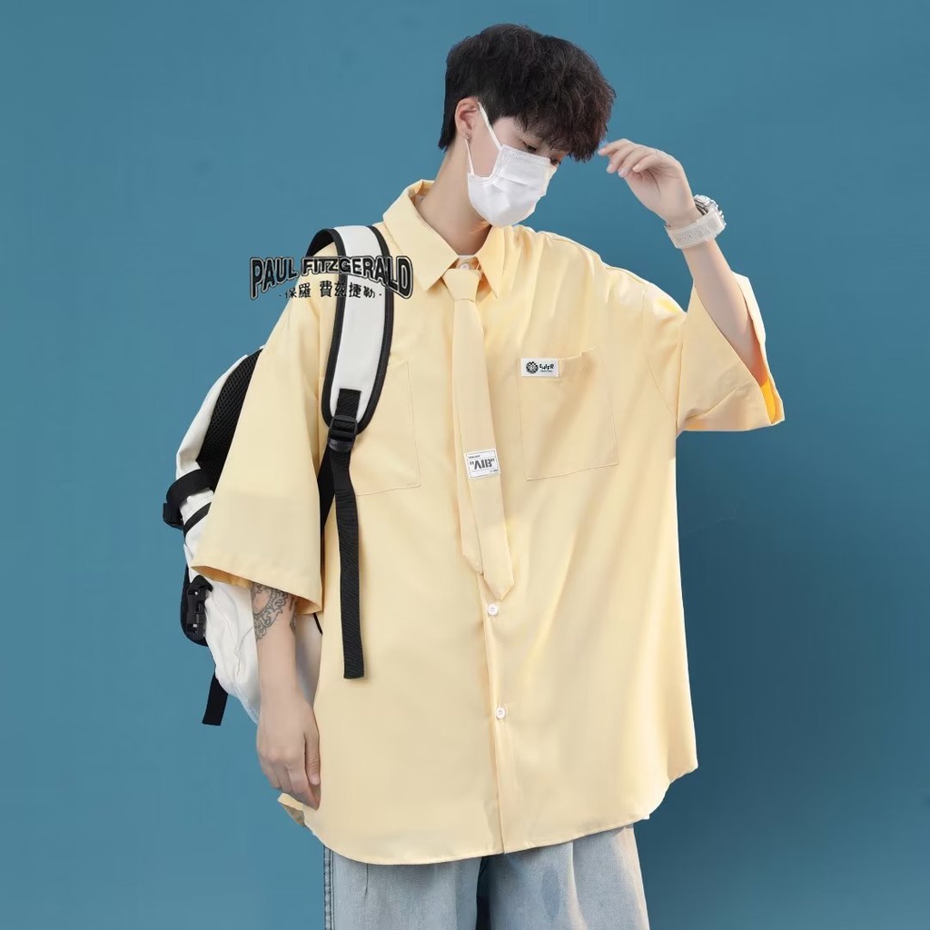 Áo Sơ Mi Lụa Ngắn Tay Phong Cách Nhật Bản Thời Trang Cho Nam Nữ